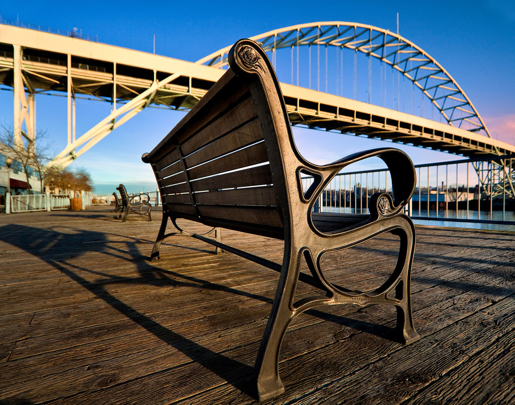 "Boardwalk At Sunrise" by Jon Lesch, showcasing the Fremont Bridge